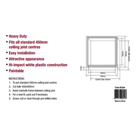 Builders Edge 450 x 450mm White Melamine Manhole Frame, Paintable