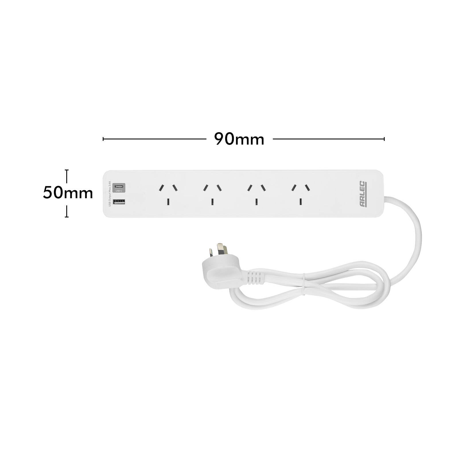 Arlec 4 Outlet Powerboard with USB Chargers 0.9m White PB4UC