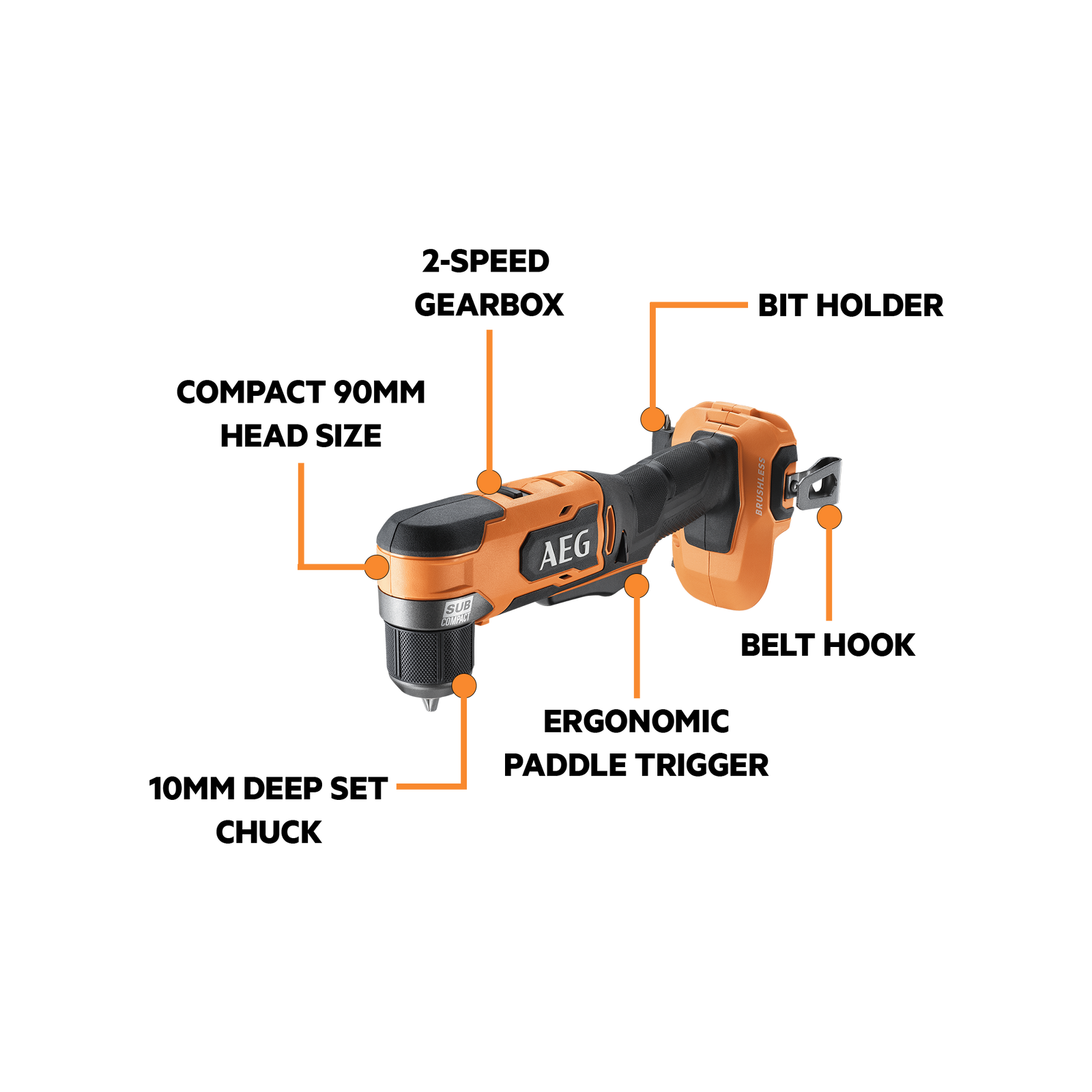 AEG 18V Brushless Sub Compact Right Angle Drill Skin Only A18SRADBL0