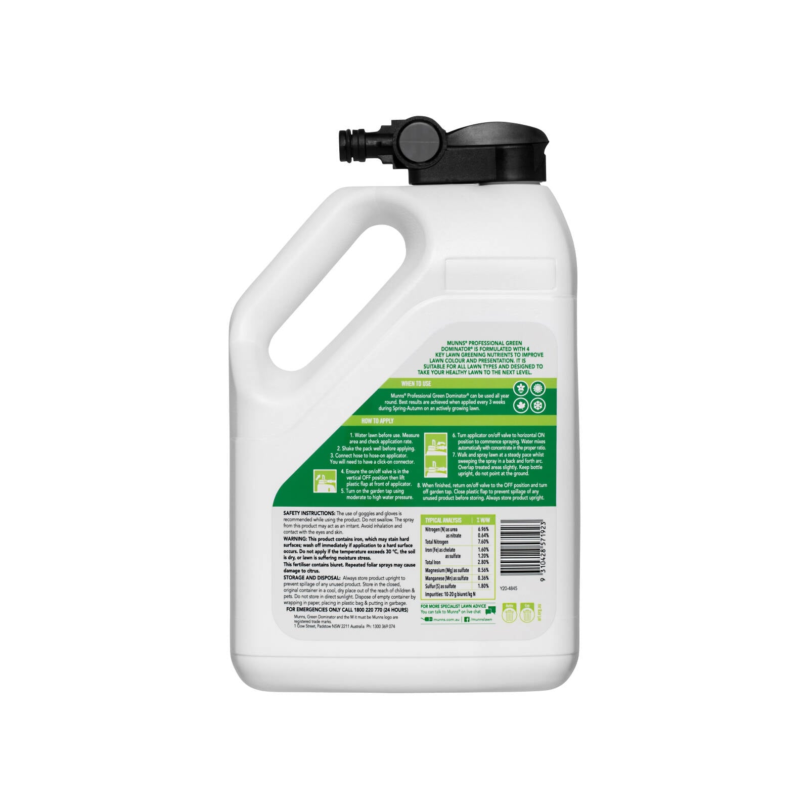 Munns Professional Green Dominator Lawn Fertiliser 2.4L Hose-On, 200sqm All Lawns