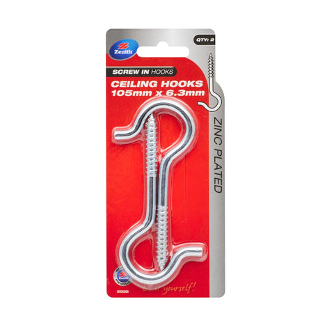 Zenith 105 x 6.3mm Zinc Plated Steel Ceiling Hook - 2 Pack
