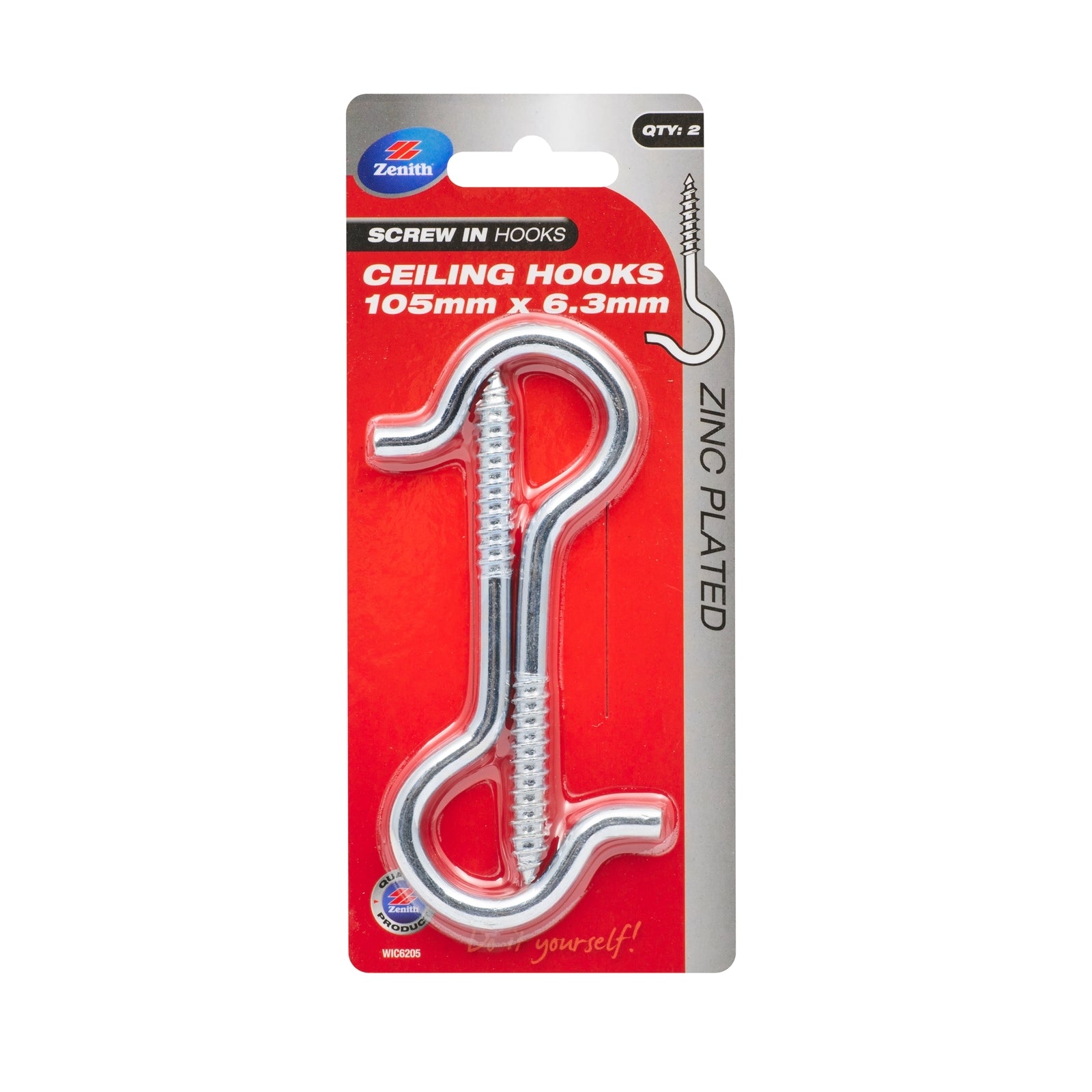Zenith 105 x 6.3mm Zinc Plated Steel Ceiling Hook - 2 Pack