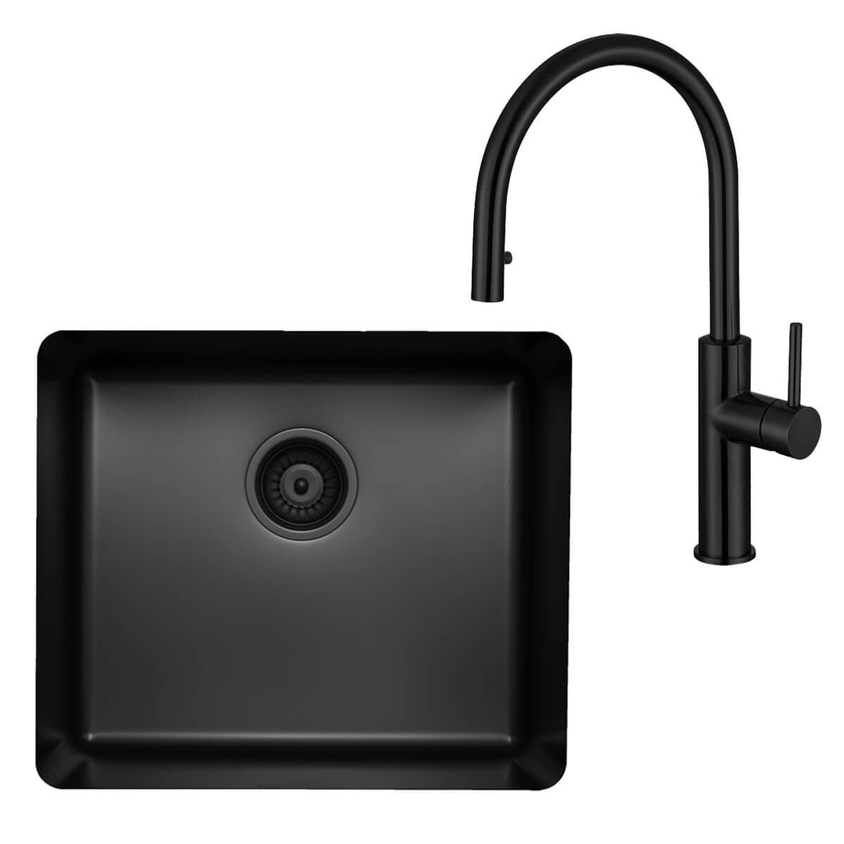 Titan Essentials 520mm Single Bowl Sink and Pull Out Gooseneck Mixer Tap Package - Matte Black - TSBSPK522