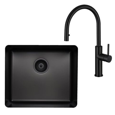 Titan Essentials 520mm Single Bowl Sink and Pull Out Gooseneck Mixer Tap Package - Matte Black - TSBSPK522