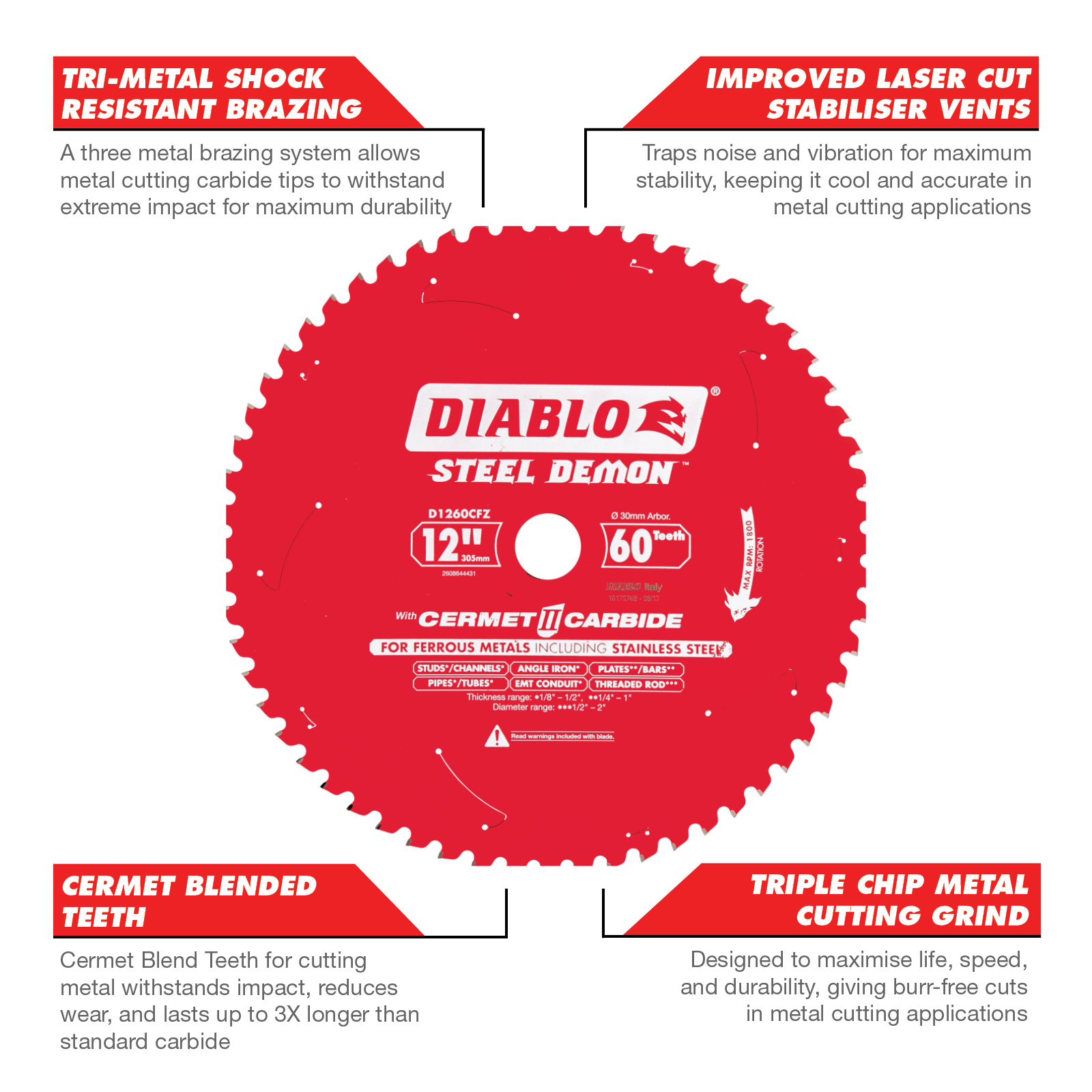 Diablo 305mm 60T Steel Demon Circular Saw Blade for Ferrous Metals - 30mm Arbor