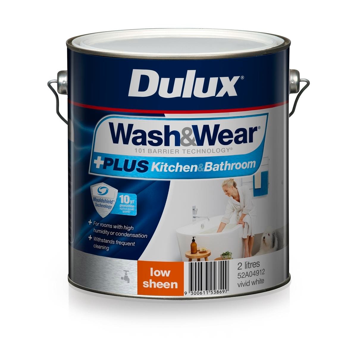 Dulux 2L Wash & Wear +PLUS Kitchen & Bathroom Low Sheen Vivid White