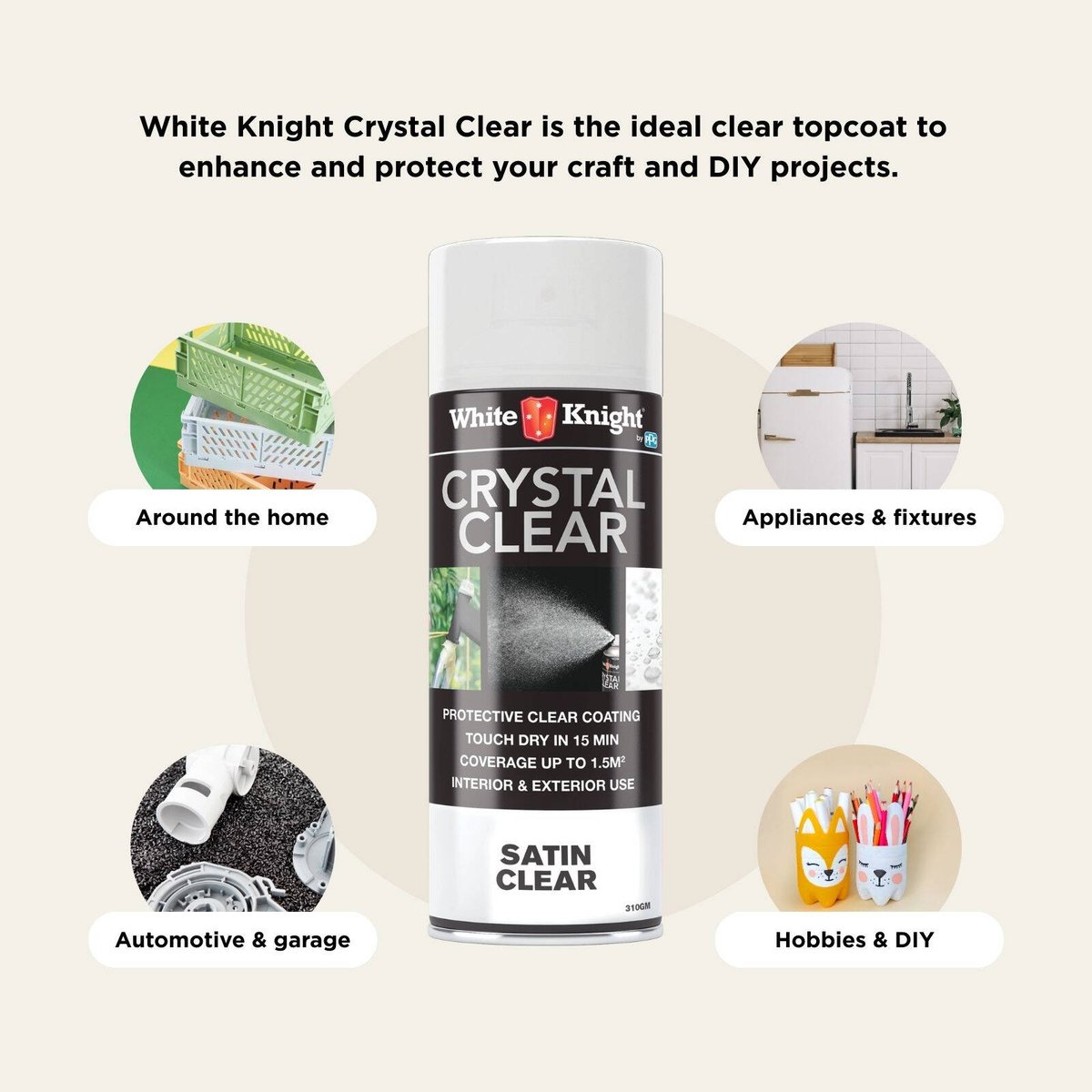 White Knight Crystal Clear Solvent-Based Acrylic Spray Paint Clear Satin 310g
