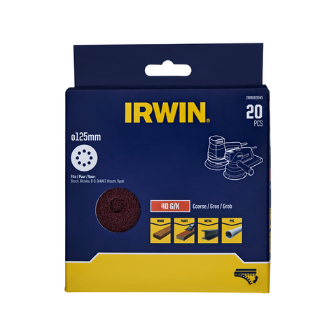 Irwin 125mm 40 Grit 8-Hole Quick Fit Random Orbital Sanding Discs - 20 Pack