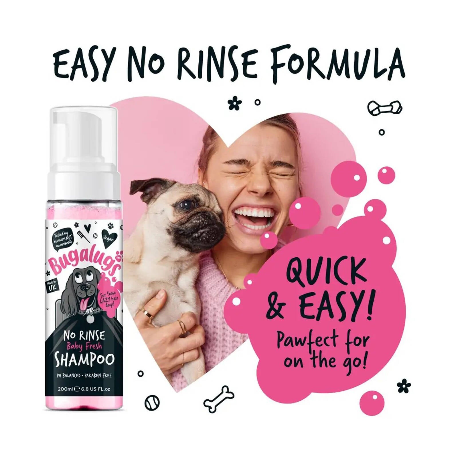 Bugalugs No Rinse Baby Fresh Dog Shampoo 200ml, Waterless Foam