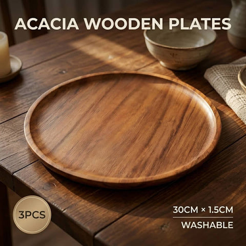 Acacia Wood Round Serving Trays 30 cm Set of 3 with Shallow Rim