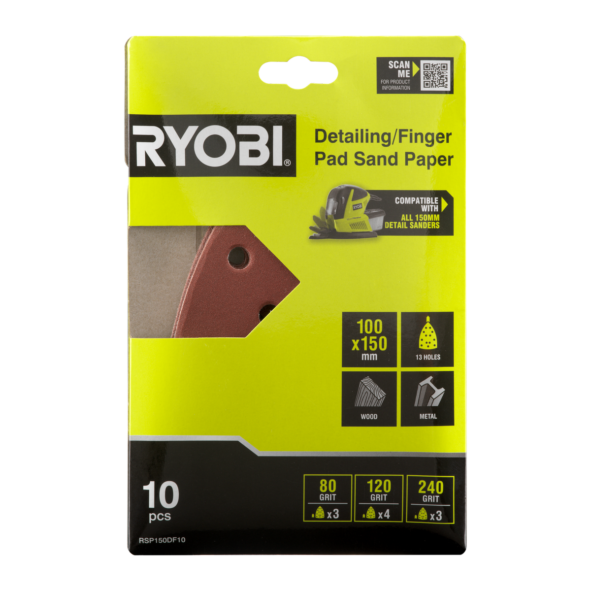 Ryobi Detail Finger Sanding Set - 10 Piece - 100 x 150mm - 80/120/240 Grit - SuperSaverAU - view 2