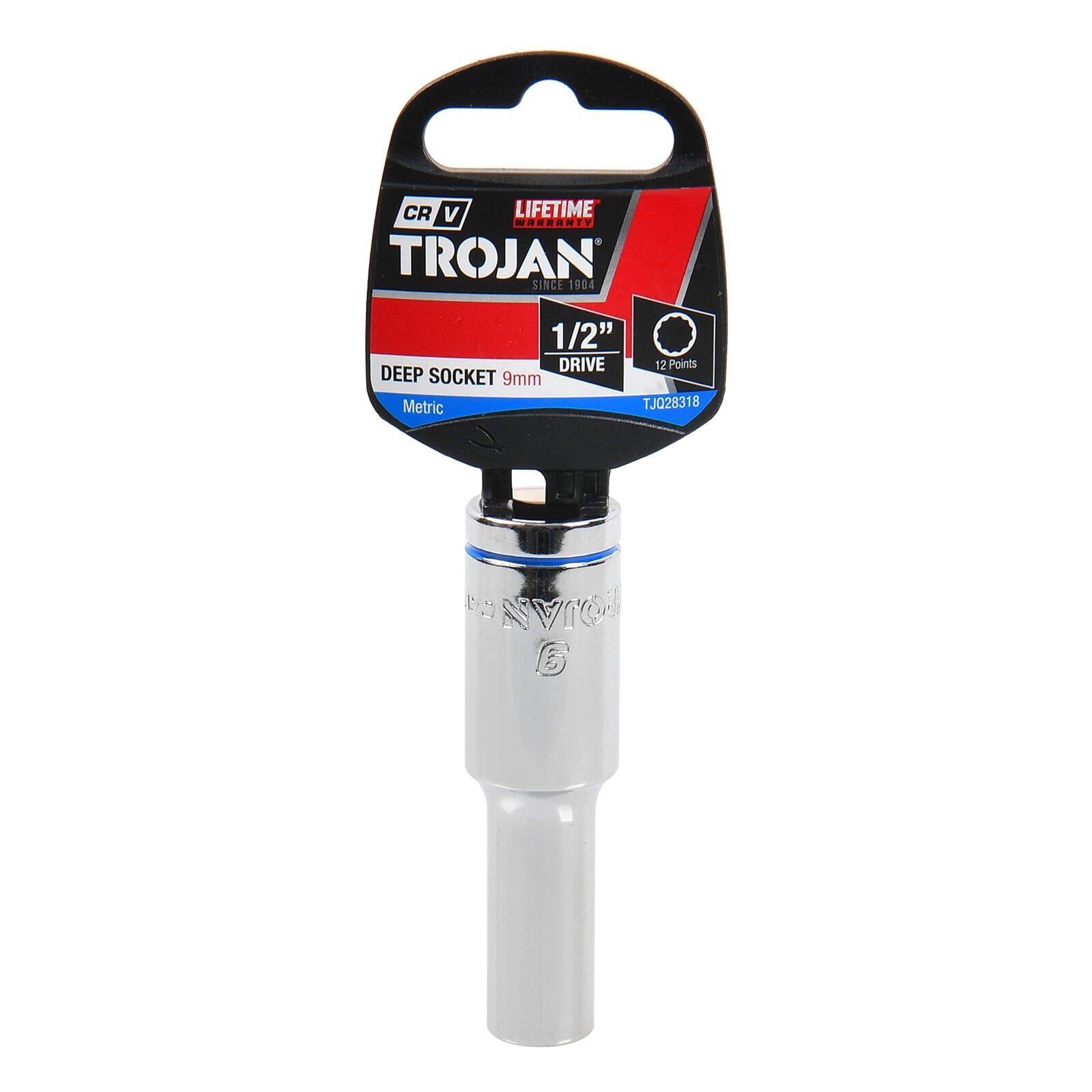 Trojan 9mm Deep Socket 1/2" Drive Chrome Vanadium 12 Point