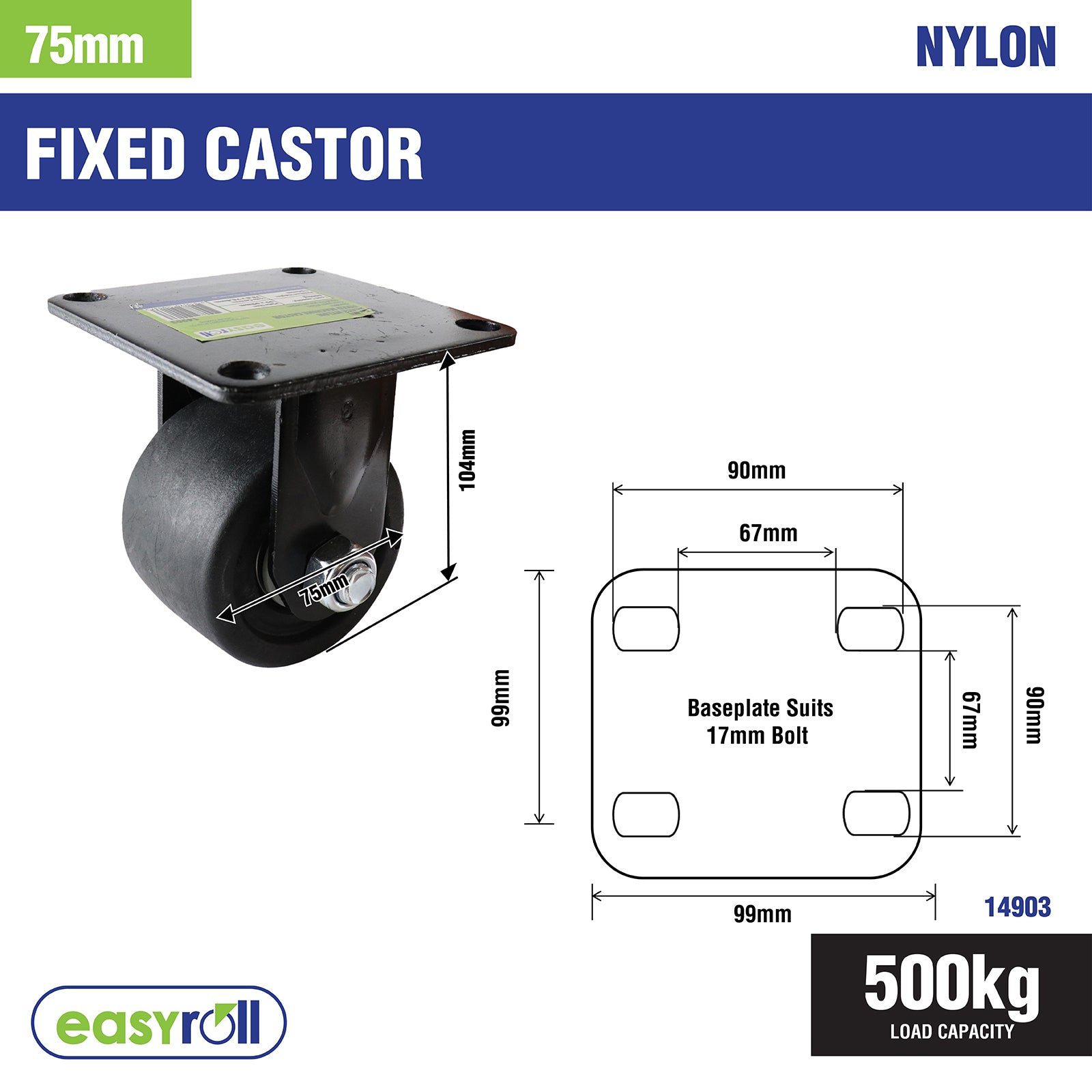 Easyroll 75mm Black Nylon Fixed Machine Castor, 500kg Load