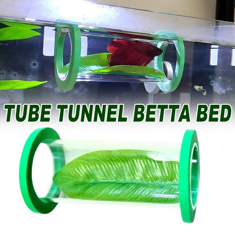 Acrylic Betta Tube Tunnel Bed with Green Leaf Platform for Fish Tanks