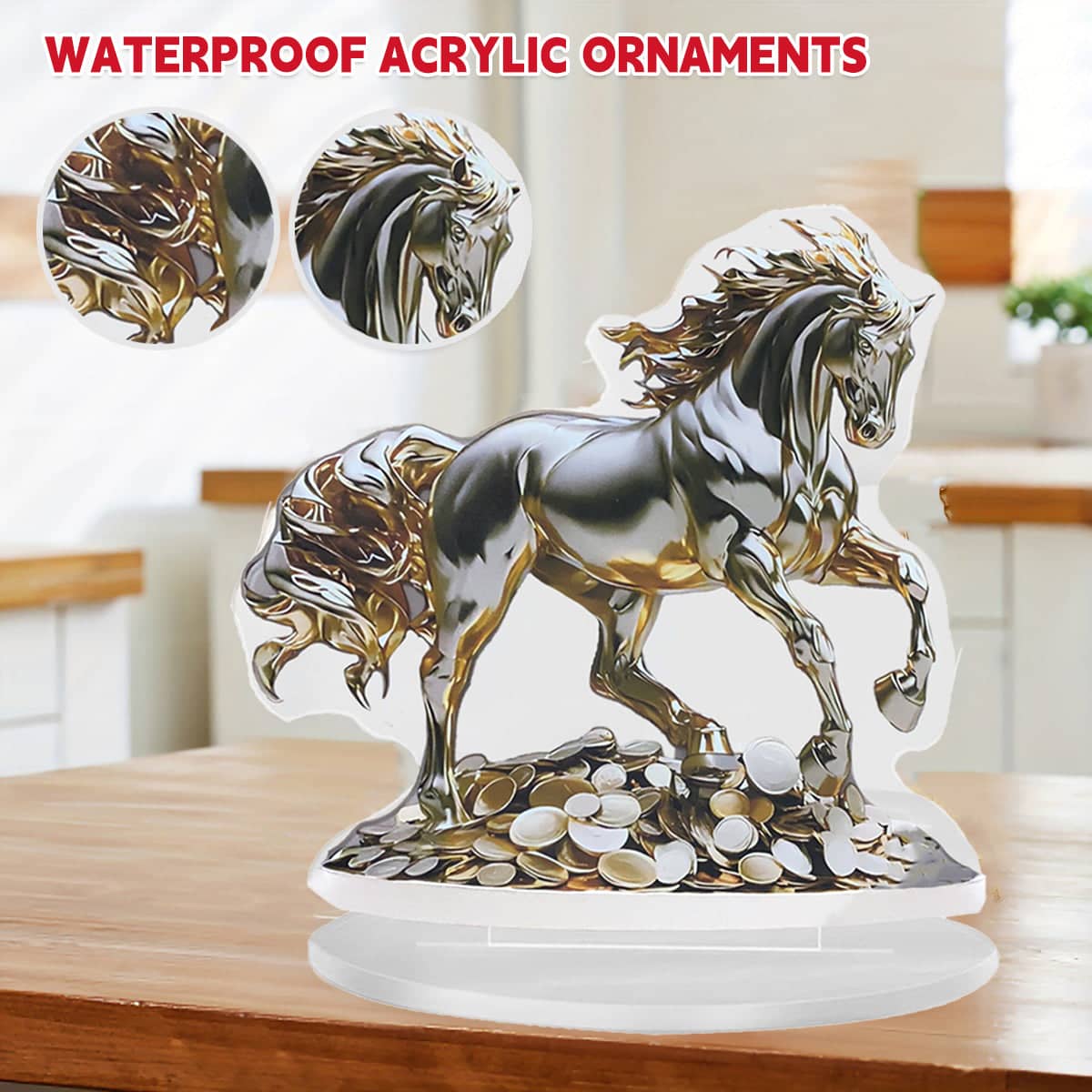 Acrylic Desktop Ornament Golden Horse on Coins Waterproof Wear Resistant Decor - view 4