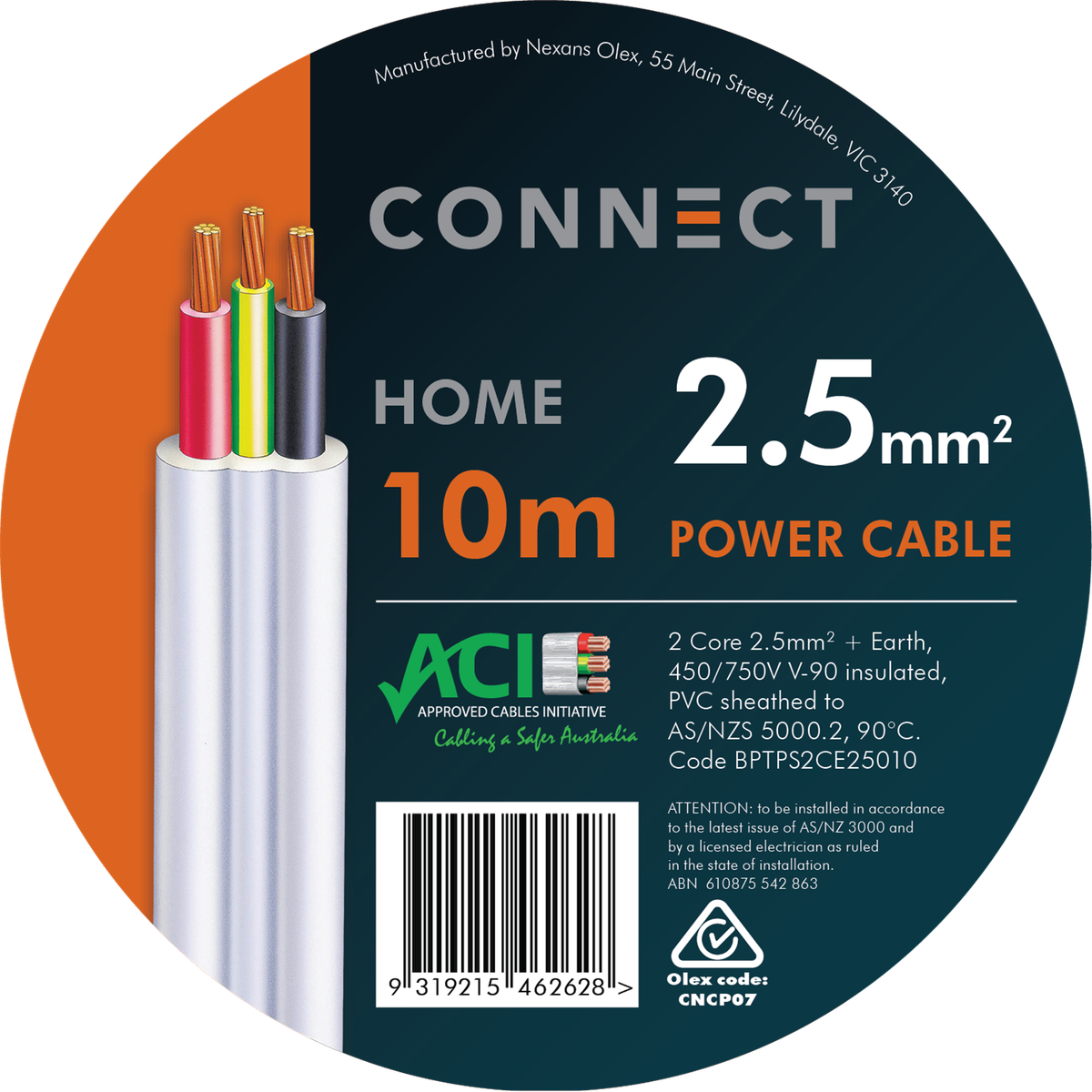 Olex 2.5mm x 10m Nexans 2 Core and Earth Power Cable - White Indoor Wiring