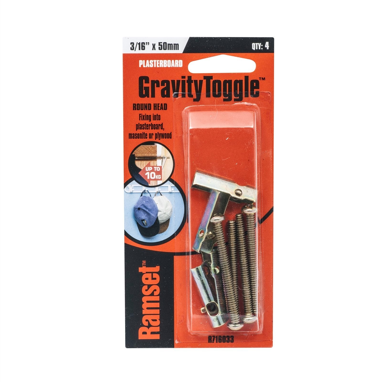Ramset 3/16" x 50mm Round Head Gravity Toggles - 4 Pack, Gold Passivated Steel