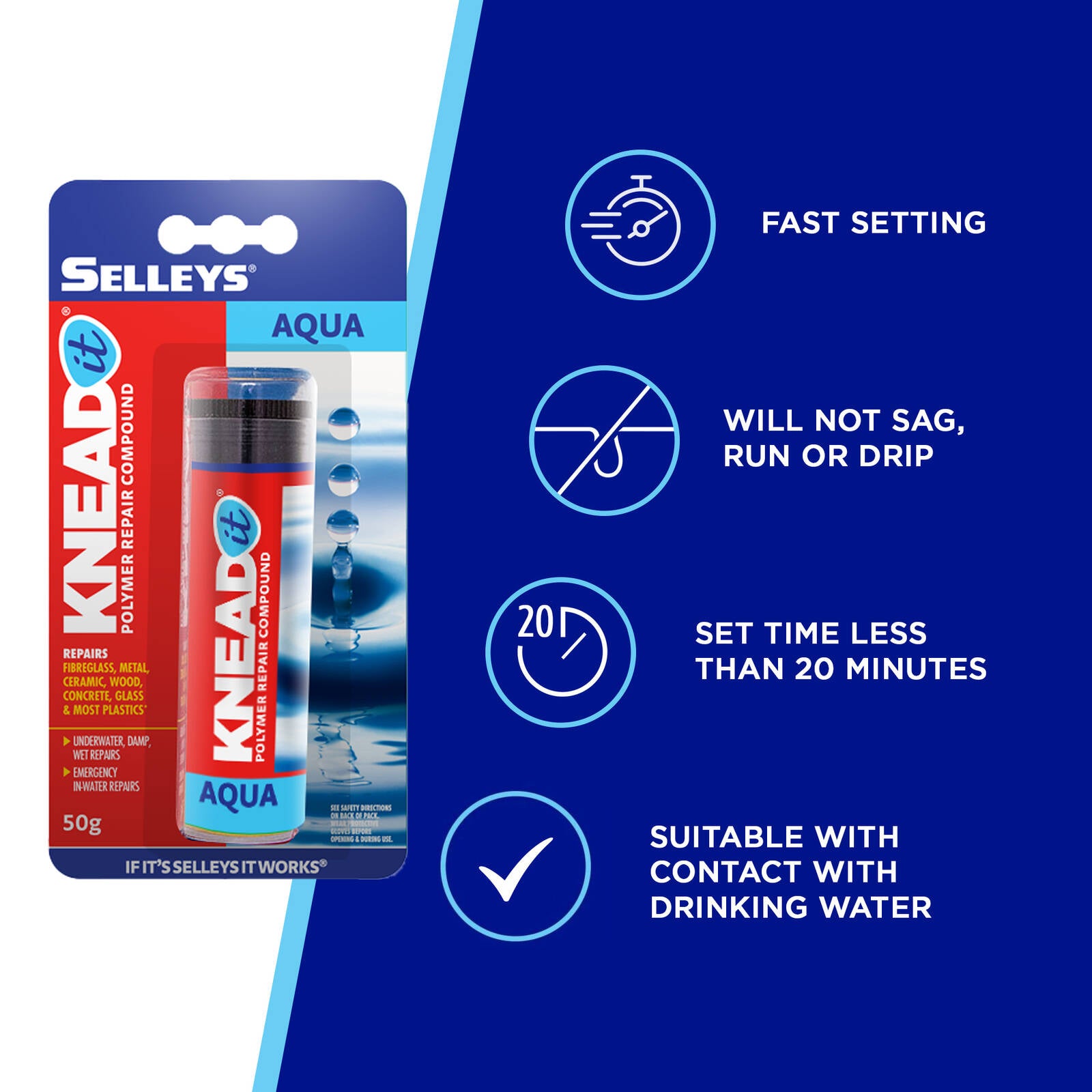 Selleys Knead It Aqua Epoxy Putty 50g - Paintable Sandable for Wet & Underwater Repairs