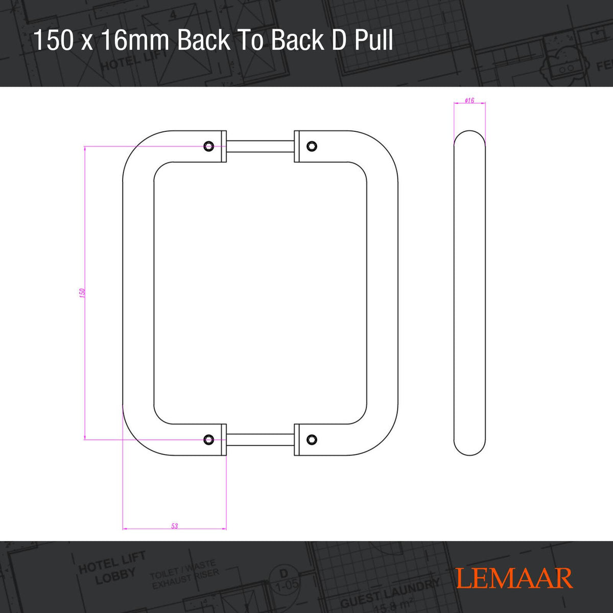 Lemaar 150 x 16mm Satin Stainless Steel Back to Back D Pull - 304 Stainless