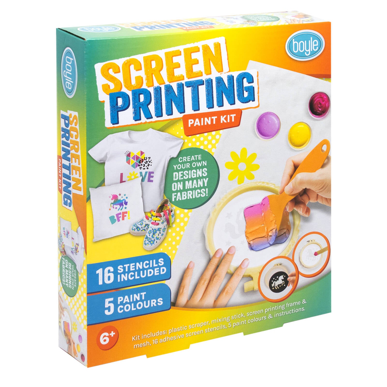 Boyle DIY Screen Printing Paint Kit with 5 Colours, Frame, Scraper & 16 Stencils