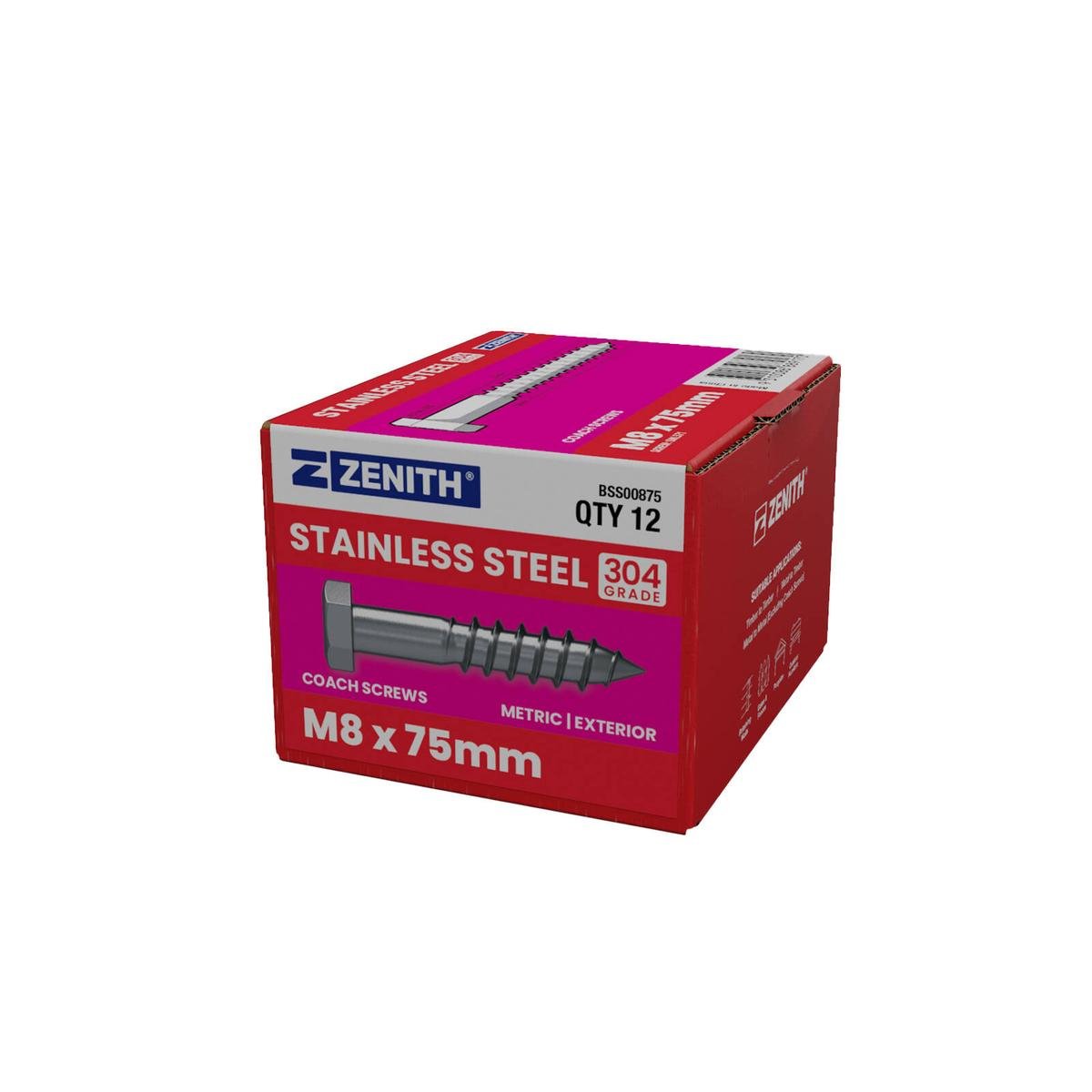 Zenith Hex Head Coach Screws M8 x 75mm Stainless Steel 304 Grade 12 Pack - SuperSaverAU - view 1