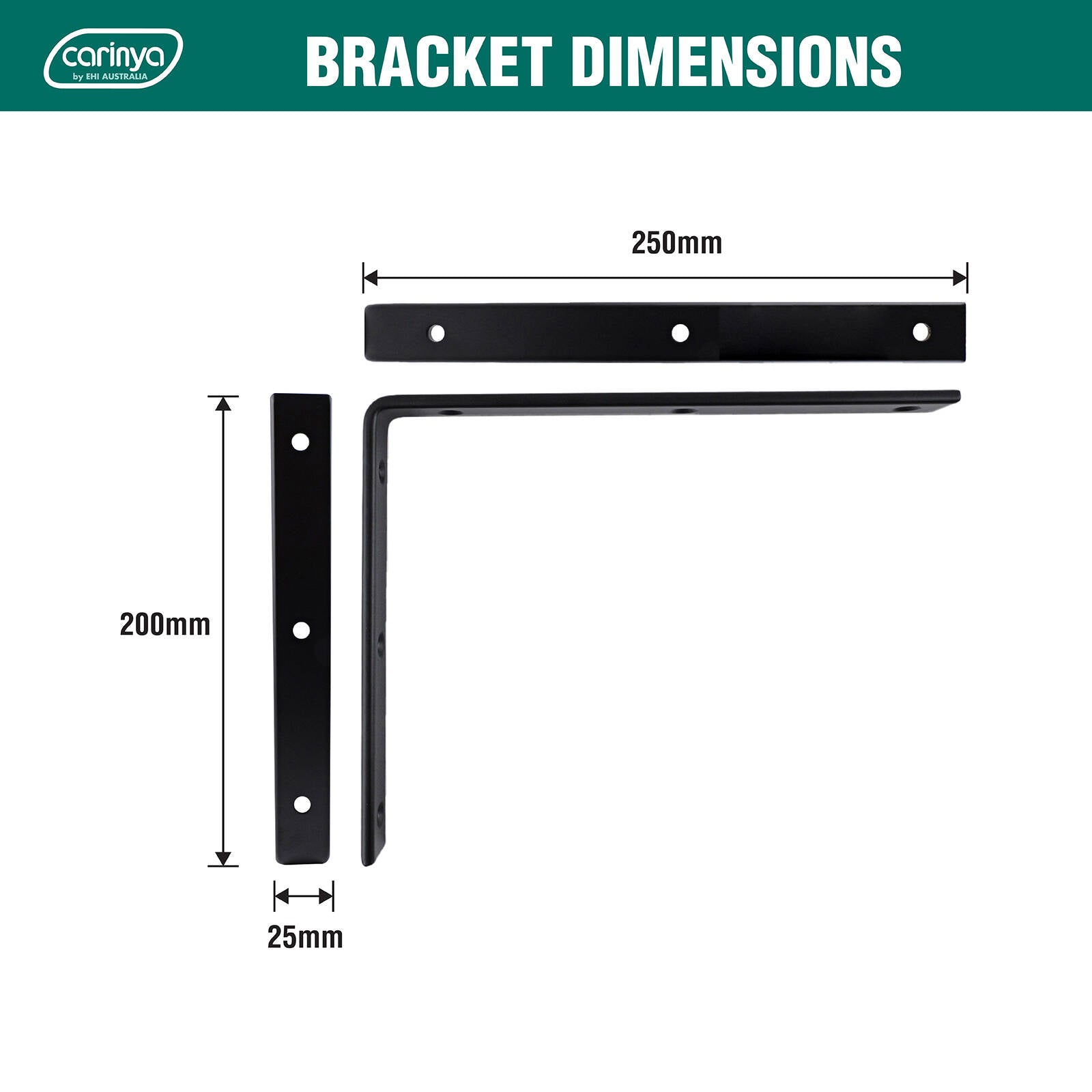 Carinya 250 x 200mm Black Heavy-Duty Powder Coated Steel Angle Bracket, 50kg