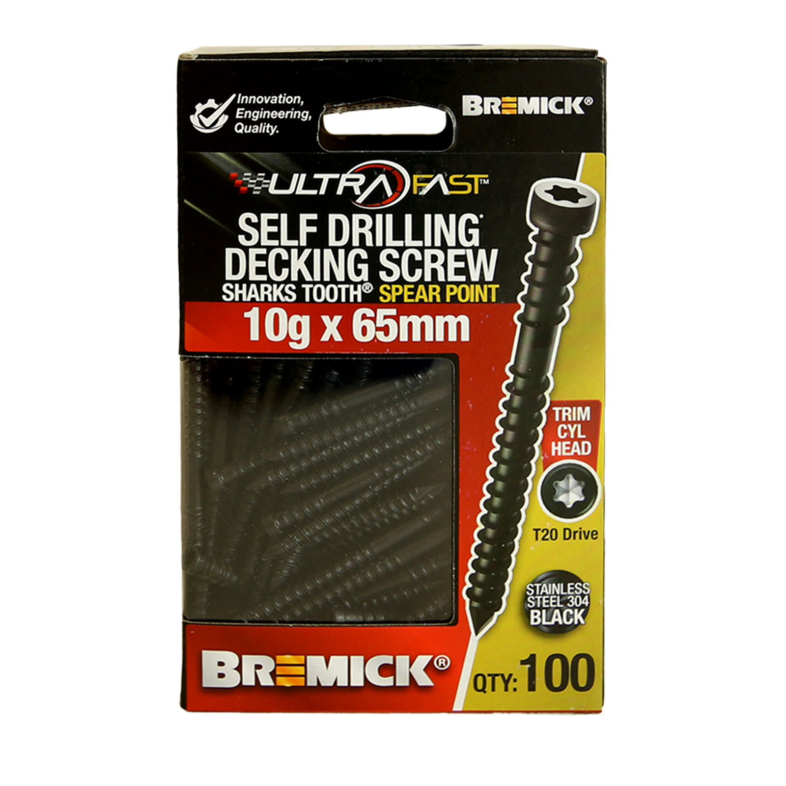 Bremick UltraFast 10g x 65mm 304 Stainless Black T20 Trim Head Screw 100 Pack