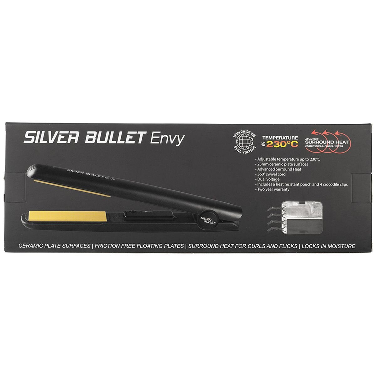 Silver Bullet Envy Straightener - 25mm Ceramic Plates, Adjustable Heat Up to 230°C, Dual Voltage - 900442