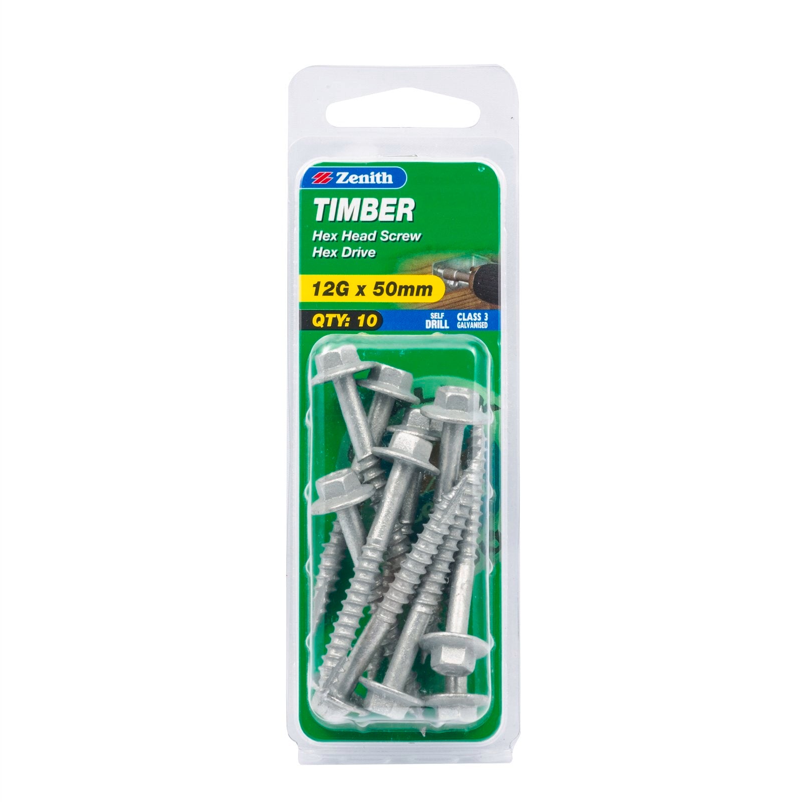Zenith 12G x 50mm Galvanised Steel Hex Head Timber Screws - 10 Pack