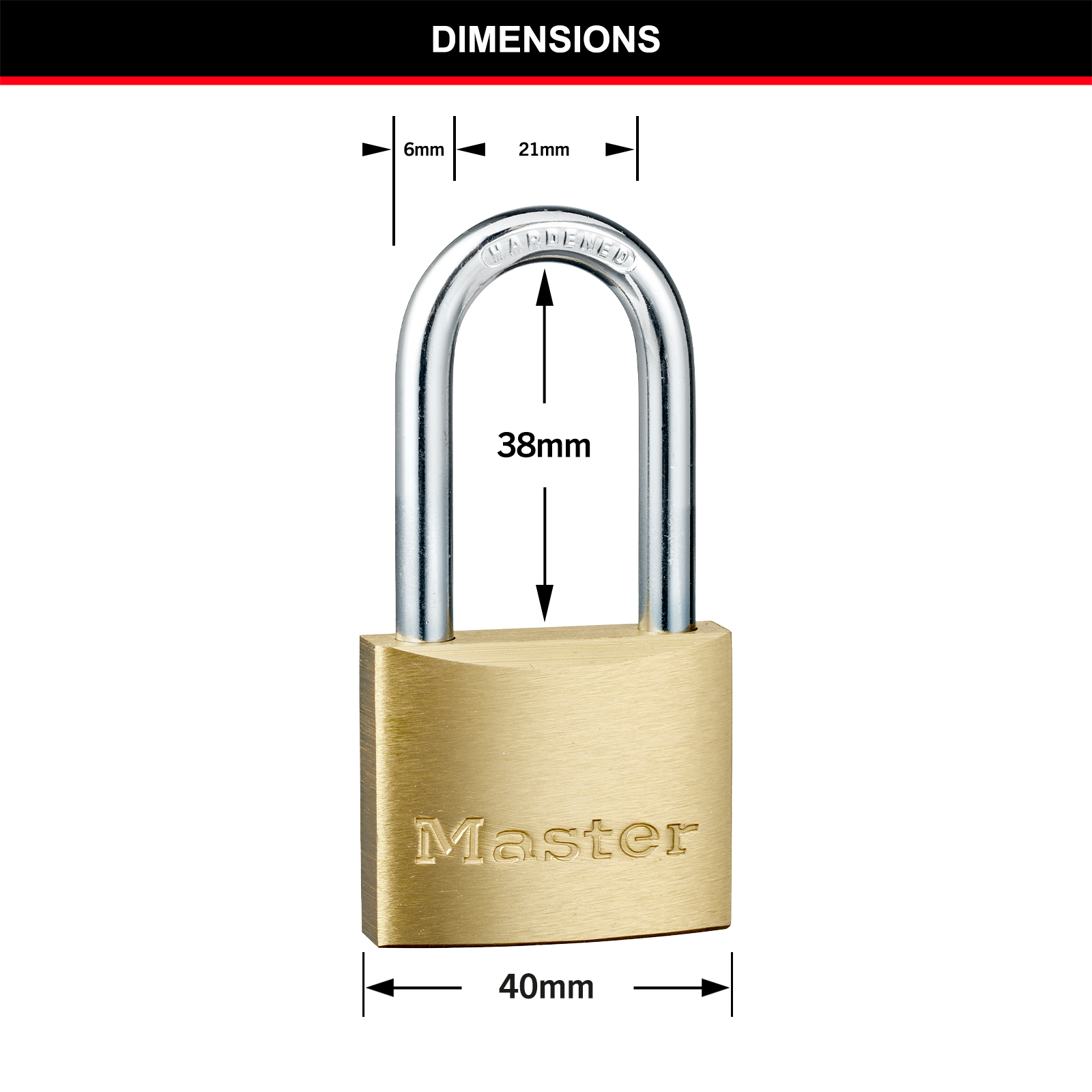 Master Lock 40mm Long Shackle Padlock, Solid Brass, Hardened Steel, 38mm Clearance