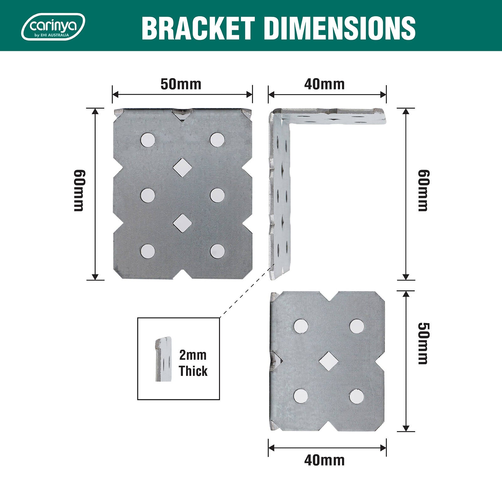 Carinya 40 x 60 x 50 x 2mm Galvanised Steel Angle Make-A-Bracket, Multi-Orientation