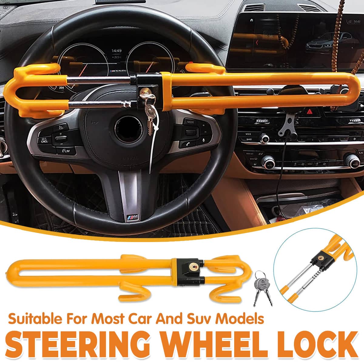 Adjustable Car Steering Wheel Lock Anti Theft Security Bar - Bright Yellow