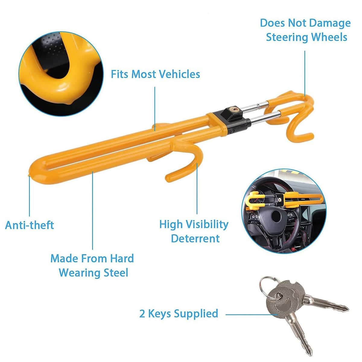 Adjustable Car Steering Wheel Lock Anti Theft Security Bar - Bright Yellow - view 4