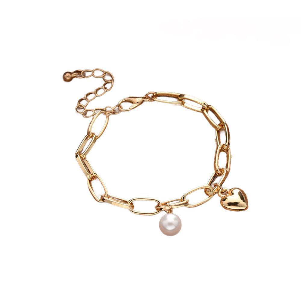 Adjustable Gold Charm Bracelet - Heart and Pearl Charms