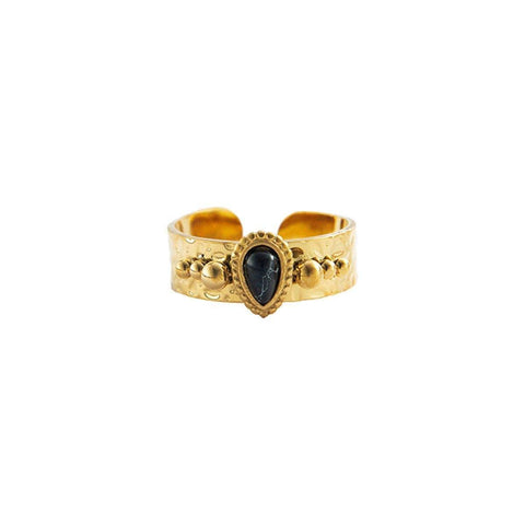 Adjustable Gold Tone Stainless Steel Boho Ring with Natural Stone - Black