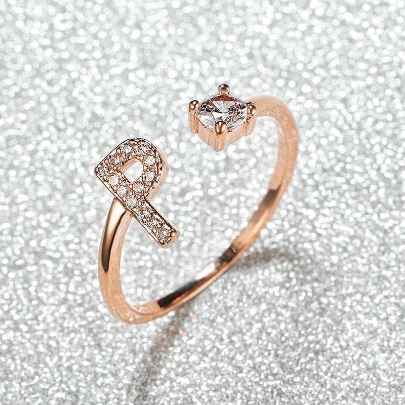 Adjustable Initial Ring with Zircon - Rose Gold, Letter A - view 27
