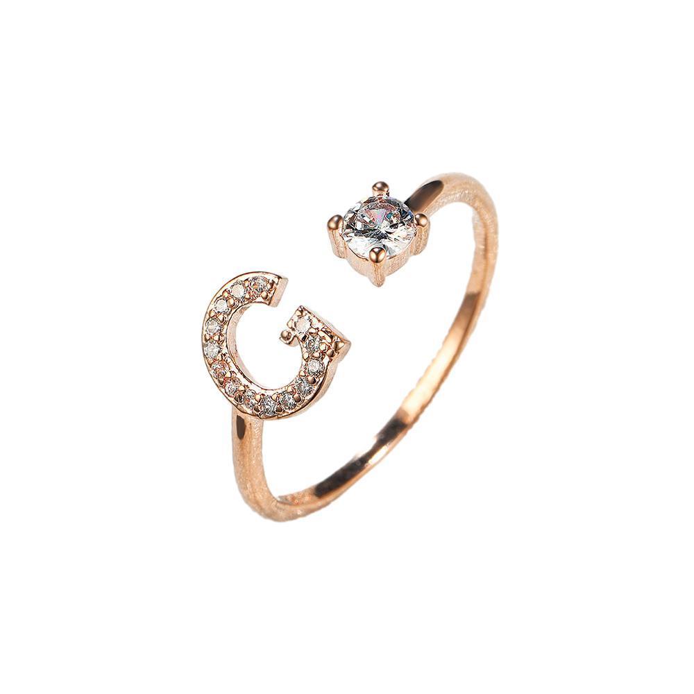 Adjustable Initial Ring with Zircon - Rose Gold, Letter G