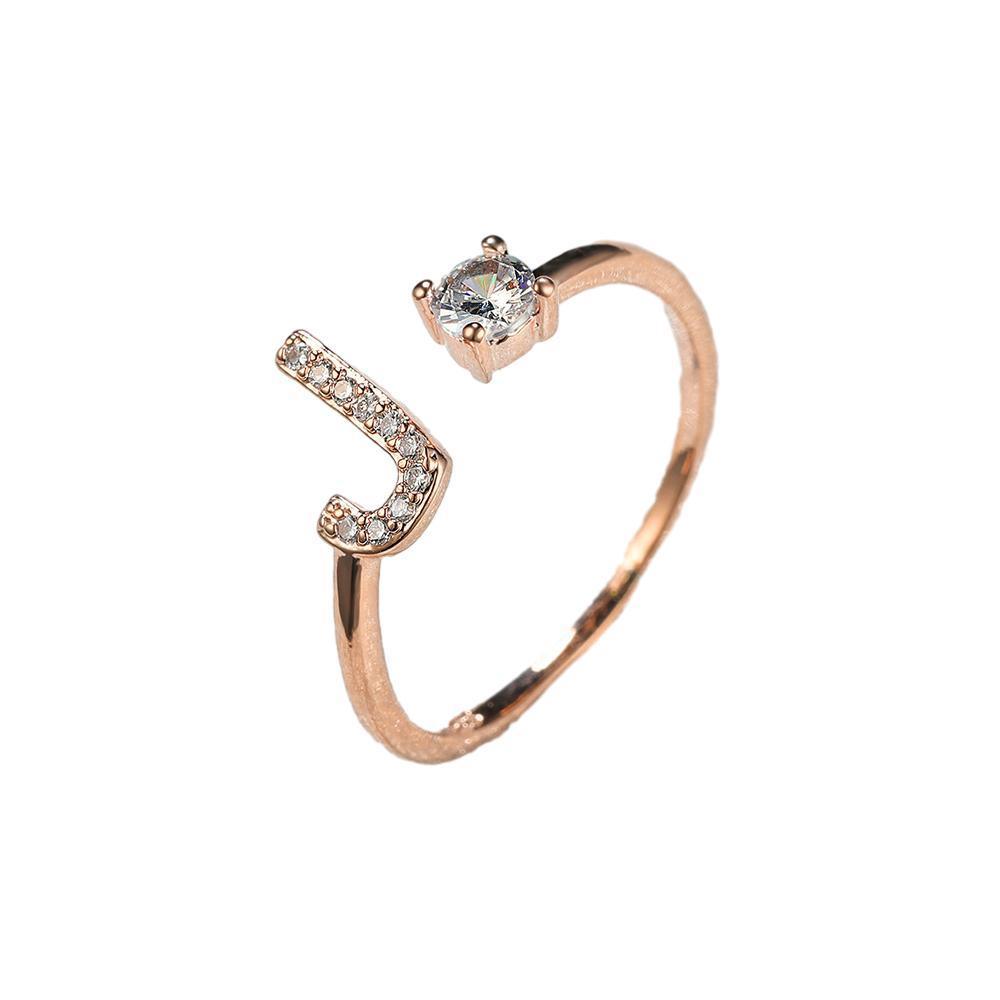 Adjustable Initial Ring with Zircon - Rose Gold, Letter J