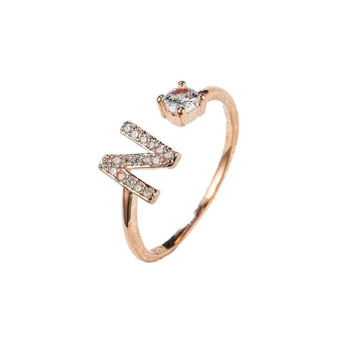 Adjustable Initial Ring with Zircon - Rose Gold, Letter N