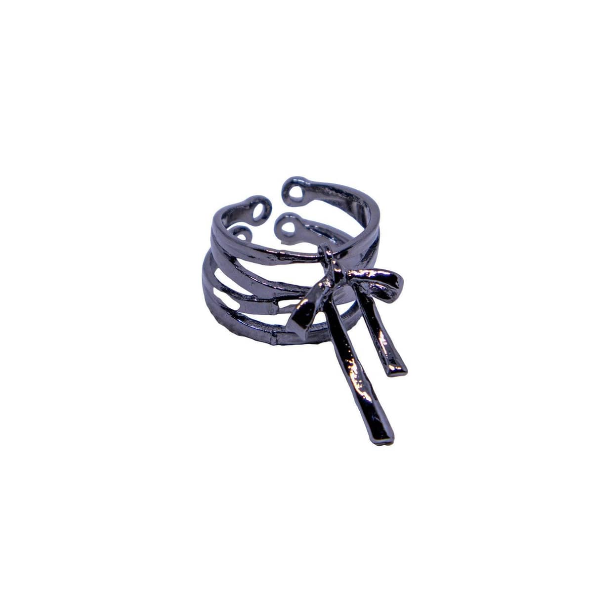 Adjustable Open Ring with Hanging Bow Charm - Black Triple Band