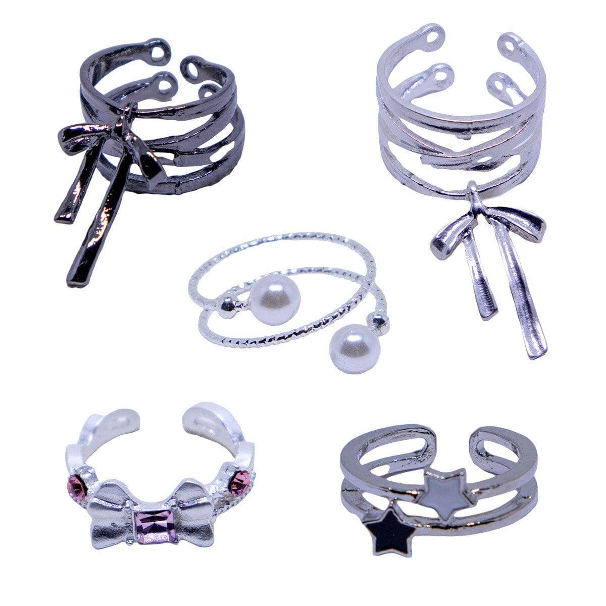 Adjustable Open Ring with Hanging Bow Charm - Silver-Tone Triple Band - view 3