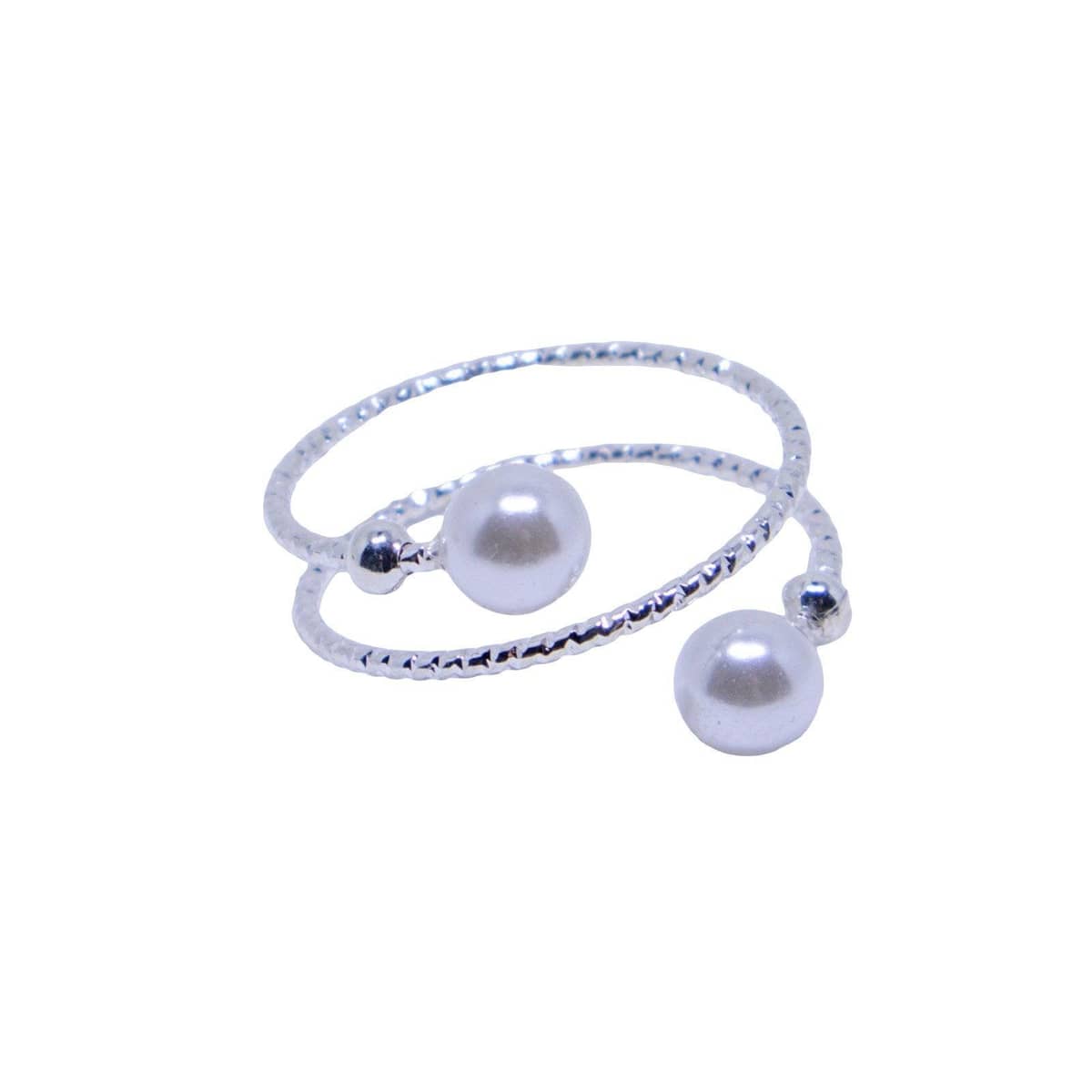 Adjustable Open Wrap Ring with Two Pearl Beads - Silver-Tone