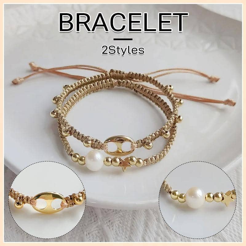 Adjustable Pearl Bracelet with Hand-Woven Cord - Gold, Style 1 - view 2