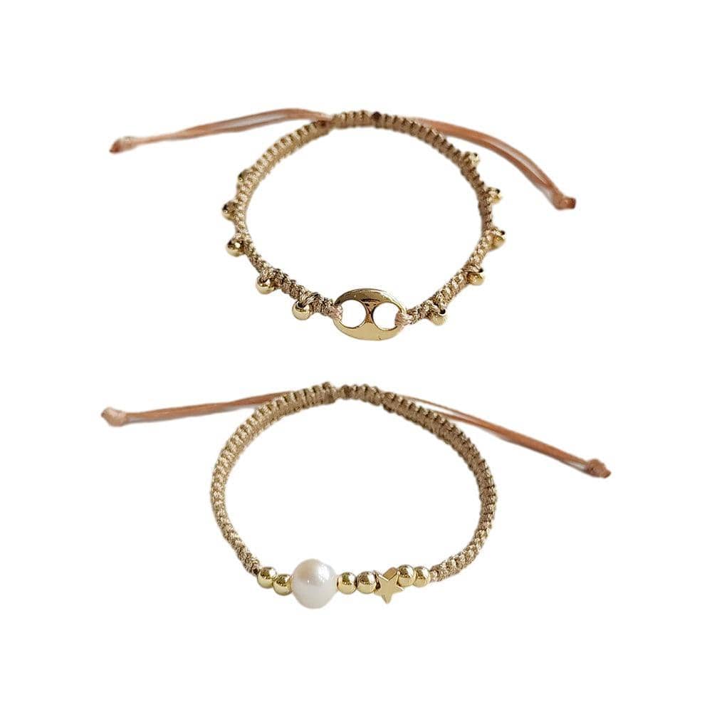 Adjustable Pearl Bracelet with Hand-Woven Cord - Gold, Style 1 - view 3