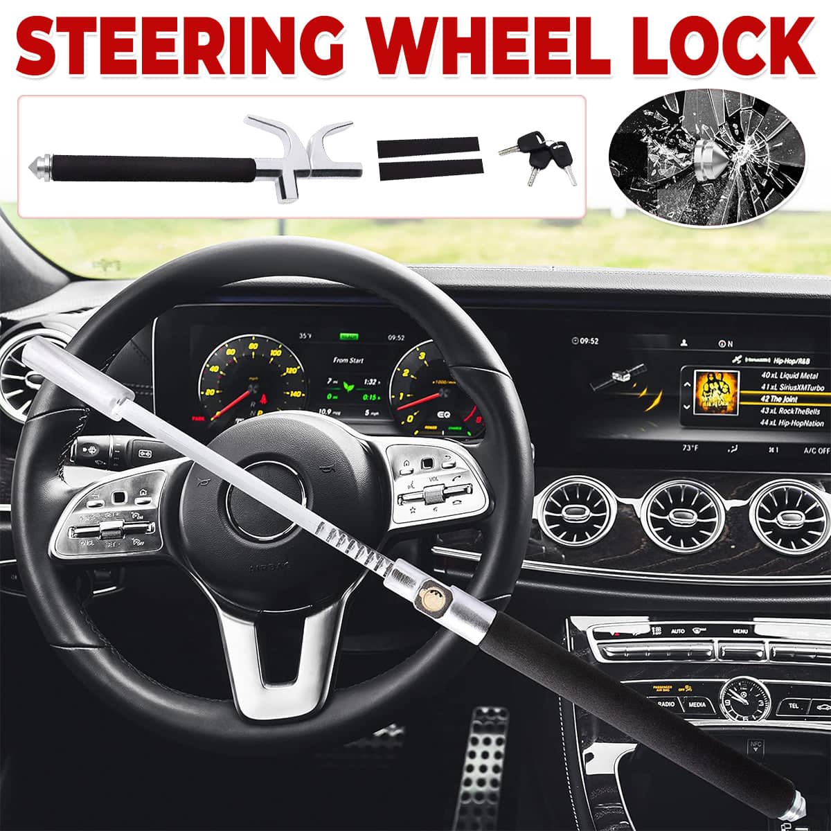 Adjustable Steering Wheel Lock with Safety Hammer and 3 Keys