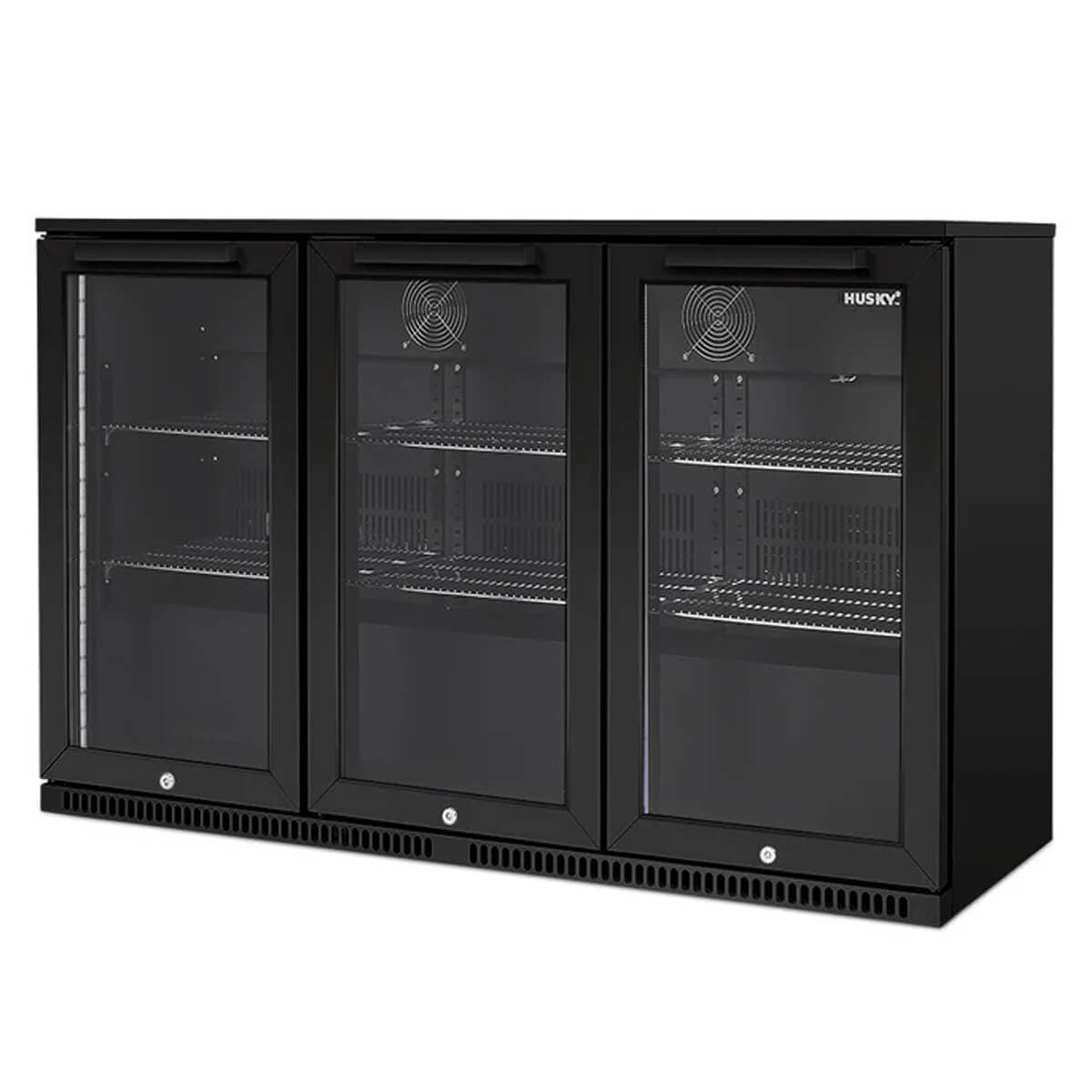 Husky 307L triple door outdoor beverage fridge - black, anti-condensation glass doors - ALFC3BLK840ELB