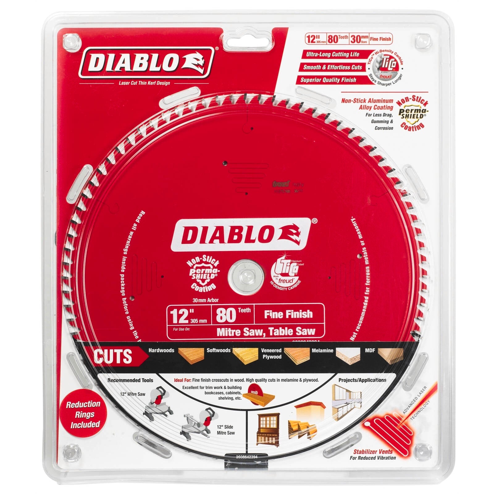 Diablo 305mm 80T Fine Finish Mitre Saw Blade 30mm Arbor