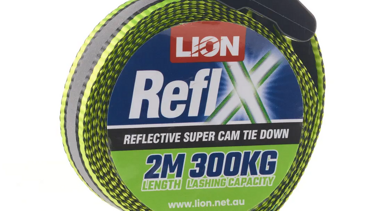Lion Reflx 2m Super Cam Tie Down 300kg Green Polyester UV Protected Reflective Webbing