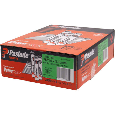 Paslode 75 x 3.06mm Hot Dipped Galvanised D Head Impulse Framing Nails - Paper Tape, 3000 Pack