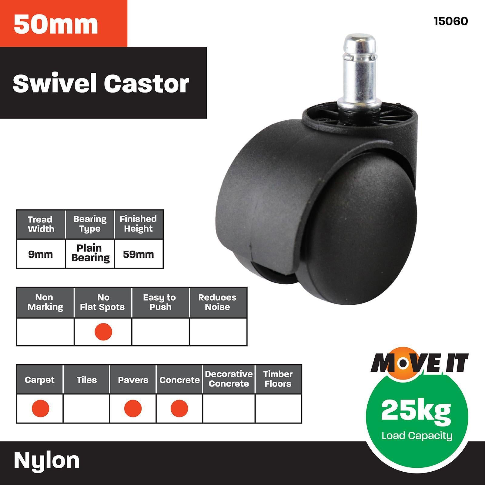 Move It 50mm Black Hooded Office Chair Castor, Twin Wheel Swivel, 2 Pack